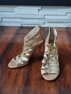 Michael Kors Nude Strappy Cage Heel Sandals Size 7M Beige Open Toe Stiletto